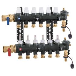 Collector voor vloerverwarming 1" + 3 x 3/4", Caleffi, kunststof, met ontluchting, met regeling, met doorstroommeter